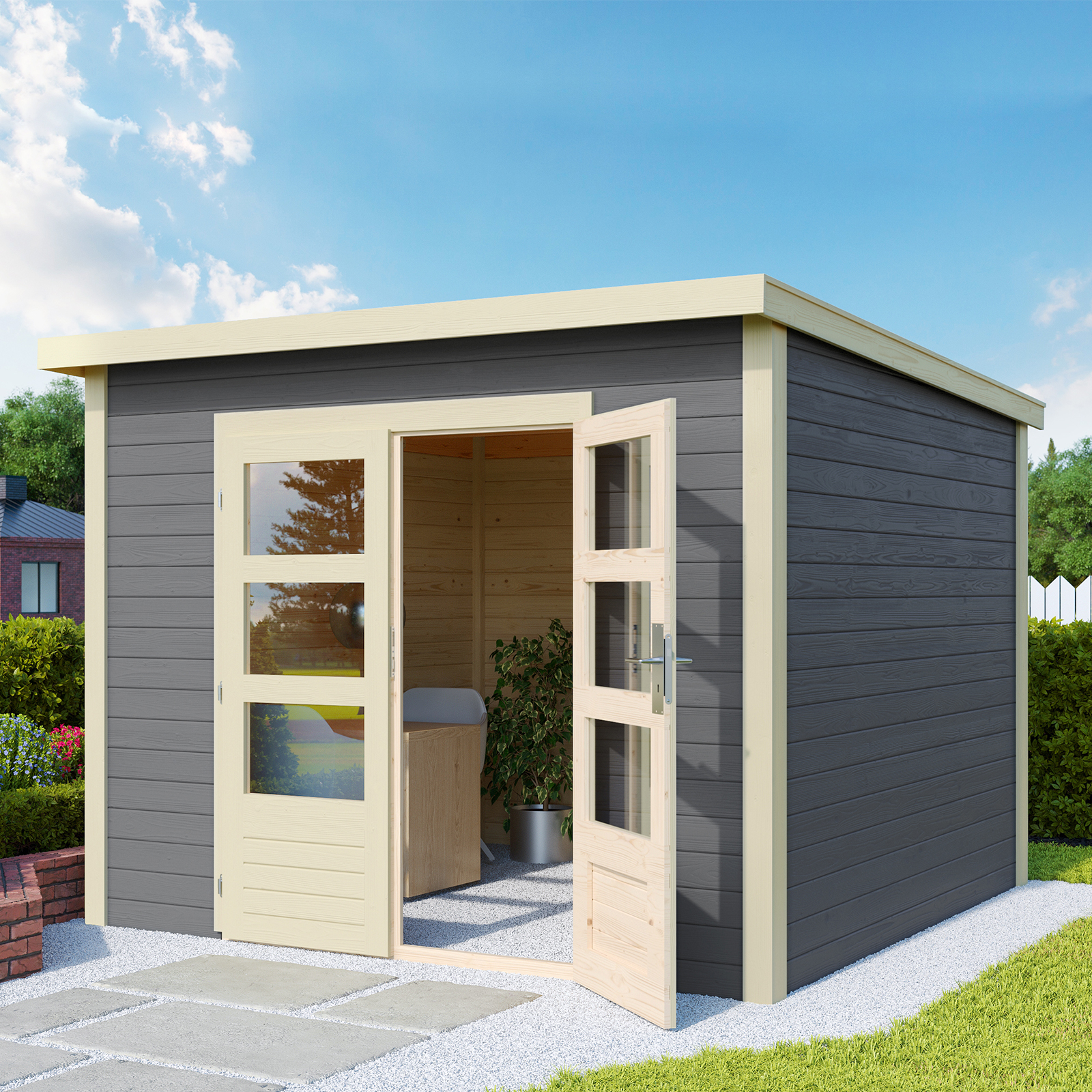 Gartenhaus Gerätehaus Geräteschuppen Holz Blockhaus HORI Skagen grau 28 mm | eBay